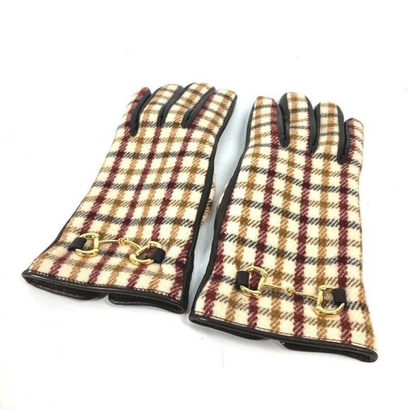 GUCCI 603635 check Horsebit gloves Glove Wool / Cashmere / Leather Brown/Beige